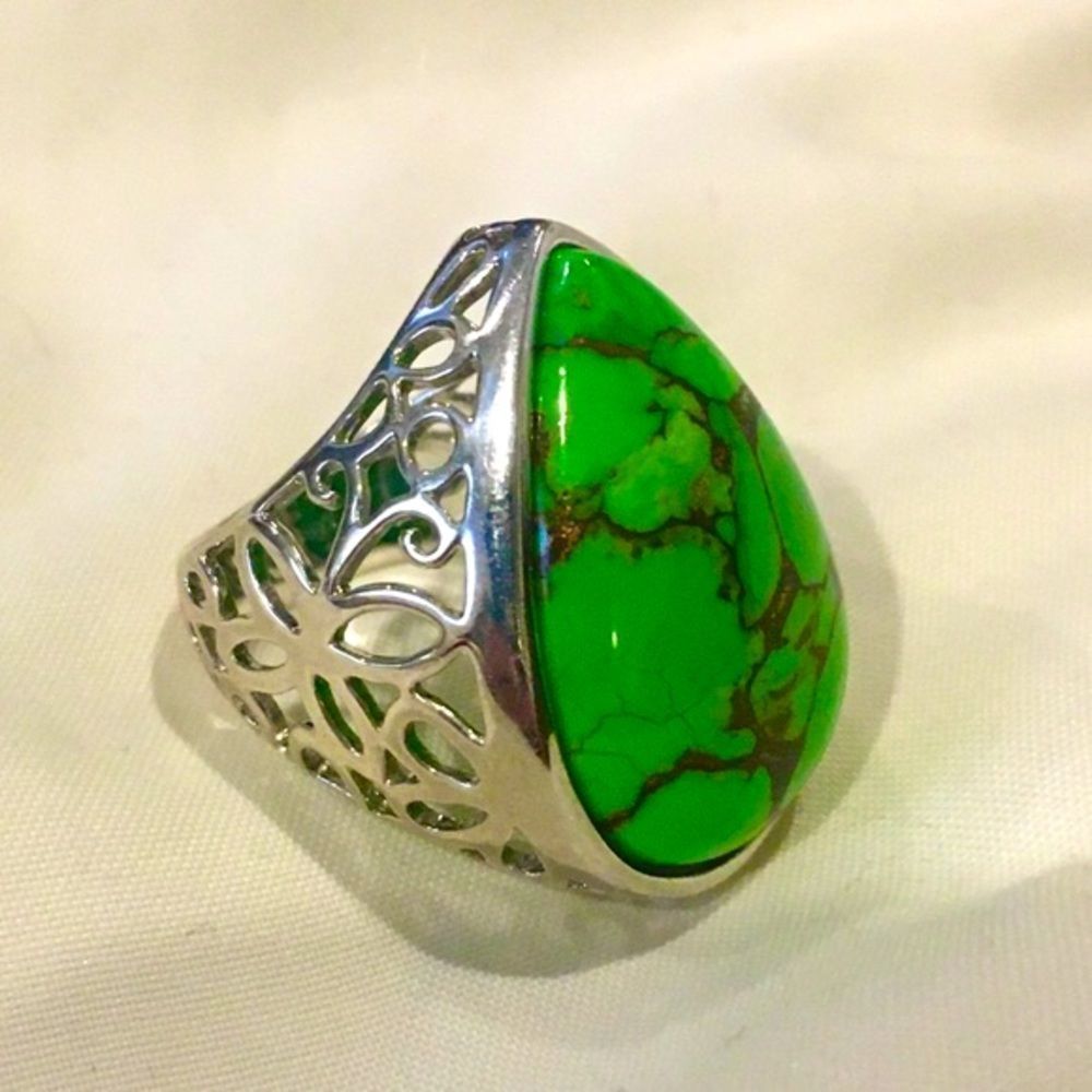 Green Turquoise Copper Infused Sterling Silver Open Work Ring Multiple Sizes